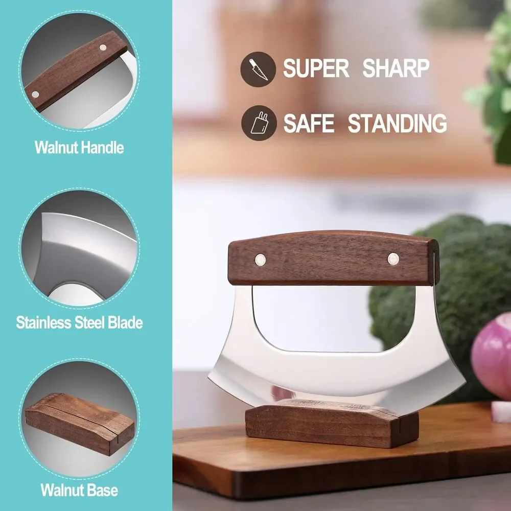 Sharp Rocker Mezzaluna Knife, Stainless Steel Blade, Walnut Wood Handle & Stand